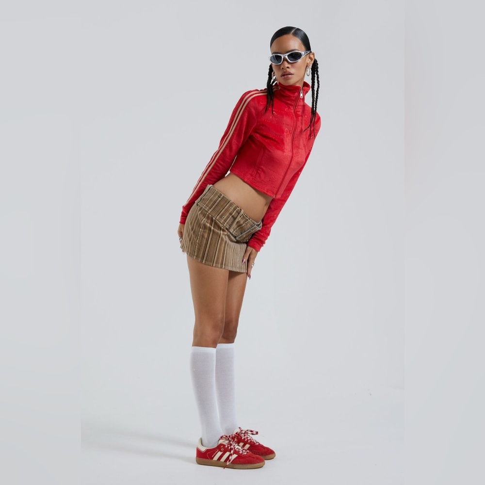 Jaded London Red and Cream Atom Zip Up Sporty Y2K Velour Jacket